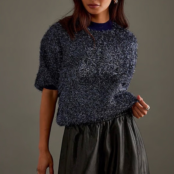 Anthropologie MAEVE PLUS Violetta Tinsel Short-Sleeve Pullover Sweater Navy 1X - Picture 1 of 5